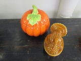 Lot of 2 Pumpkin and a Turkey Dish with Lids