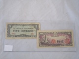 Lot of 2 Vintage Japanese 5 Centavos & 10 notes