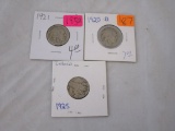 3, Pre1930 Buffalo Nickels 1921, 1920D, & 1925D
