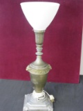 Vintage 24 inch Cast Metal Lamp with Glass Shade