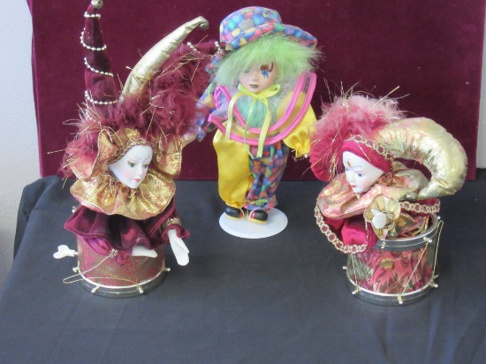 Lot of 2 Musical Drum Jesters,and 1 Clown Doll