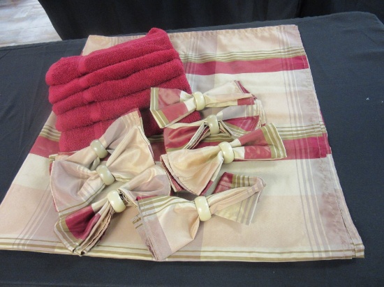 Lot of 5 Red Towels, Table Cloth & 7 Napkins