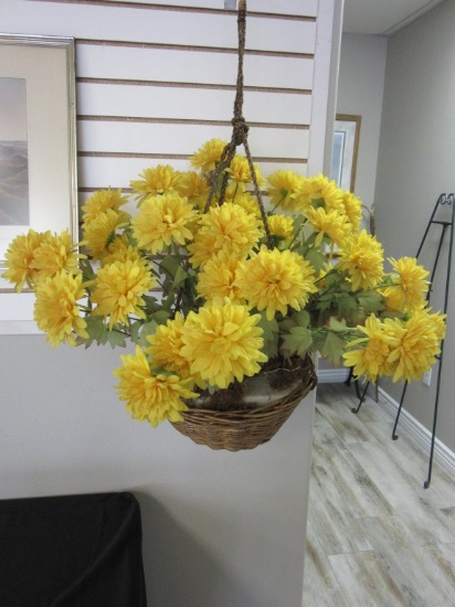 Wicker Hanging Baskets of " Fake " Yellow Dahlias
