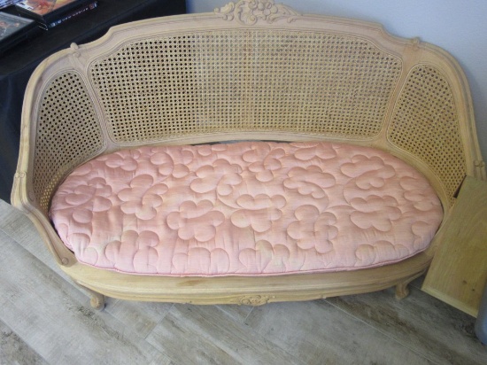 Vintage Wood & Wicker Love Seat with Cushion