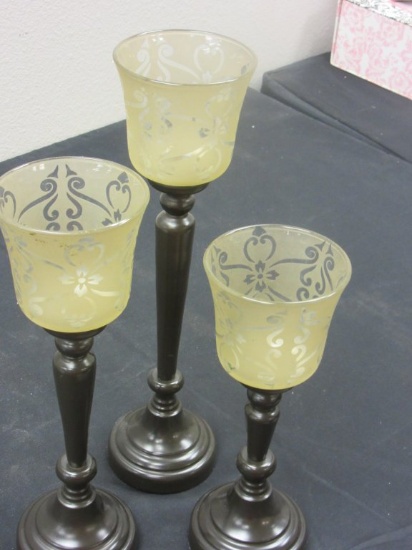 Lot of 3 Metal & Glass Candle Holders