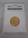 MS63 1881 Liberty Gold Half Eagle 5 Dollar Coin
