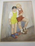 Original 2 Children Matted Art by R. Mauritz