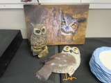 Lot of 3 Owl items - Print, Metal Art, and Figure