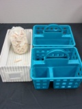 Lot of 2 Plastic Storage Bins & Basket of Shells