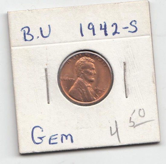 1942-S Lincoln Cents, Wheat Reverse B.V.