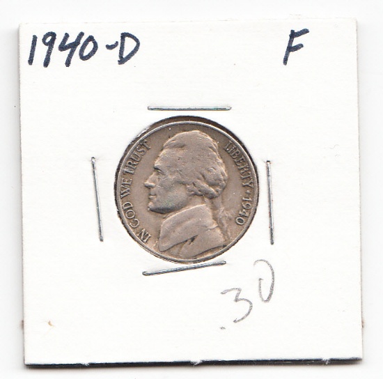 1940-D Jefferson Five Cents 5C F