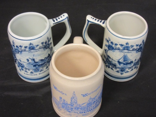 Lot of 3 Blue & White Beer Steins