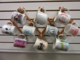 Lot of 10 Miscellaneous White Mugs on a Wood Rack