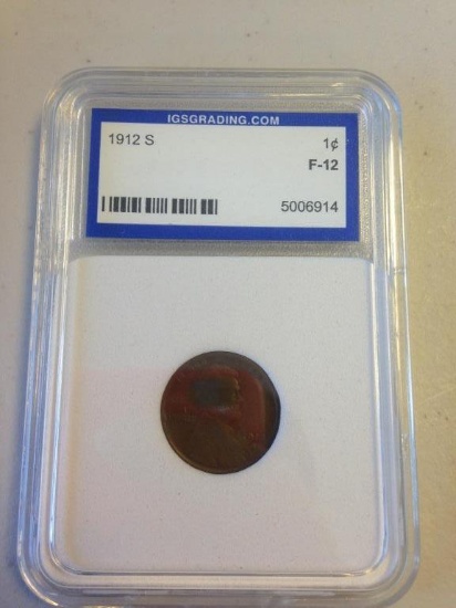 Graded 1912-S Lincoln Cents, Wheat Reverse F-12