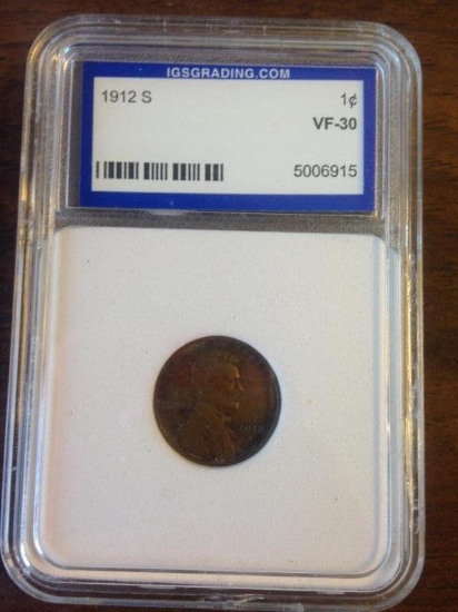 Graded 1912-S Lincoln Cents, Wheat Reverse VF-30
