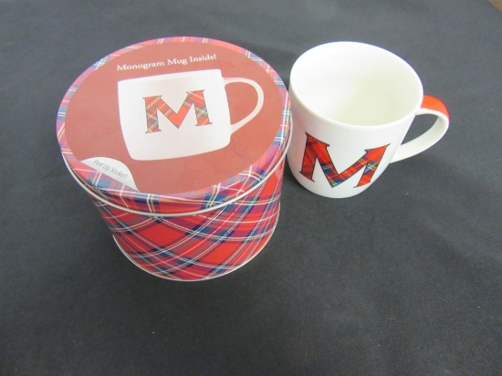 New Monogram Letter M Cup In a Red Plaid Tin
