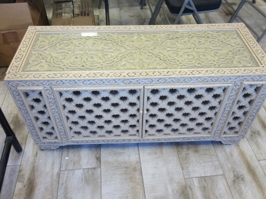 Carved Wood & Glass Top Cabinet with Storage