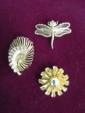 Lot of 3 Vintage Gold Tone Brooches