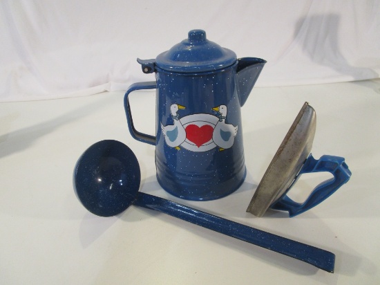 Vintage Lot of 2 Blue Enamel Items & 1 Toy Iron