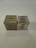 Lot of 2 Vintage Silver Tone ABC Coin Banks