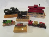 Lot of 6 Trains Mounted on Wood Blocks w/ Tracks