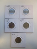 Lot of 5 Buffalo Nickels 1920,1926,1928,1929D