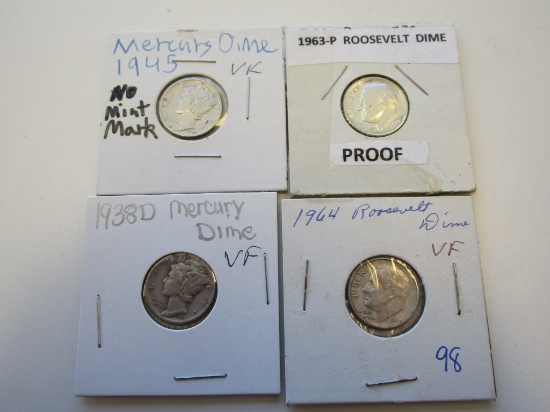 Lot of 4 Silver Dimes 2 Mercury's 2 Roosevelt's