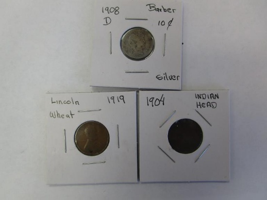 1908D Barber Dime, 1904 Indian Head Penny & Wheat
