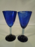 Lot of 2 Hand Blown Blue Wine Goblets
