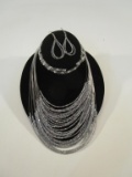 Silver Toned Beaded Necklace, Earrings & Bracelet