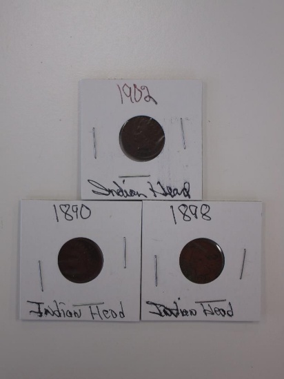 Lot of 3 Indian Head Pennies 1890,1898, & 1902