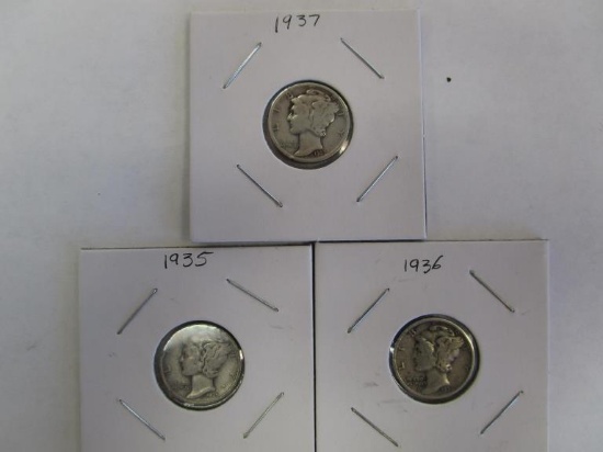Lot of 3 Mercury Dimes 1935, 1936, and 1937