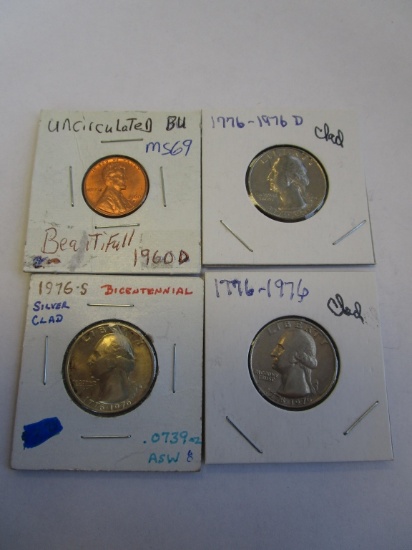 Lot of 3 1776-1976 Quarters & 1 1960D Penny