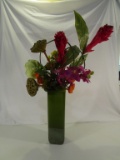 Tall Green Vase Filled w/ Plastic Flowers