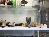 Contents of shelf-Vintage glass items and more