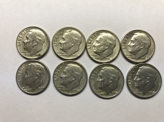 Lot of 8 1964 Liberty Dimes 90% Silver