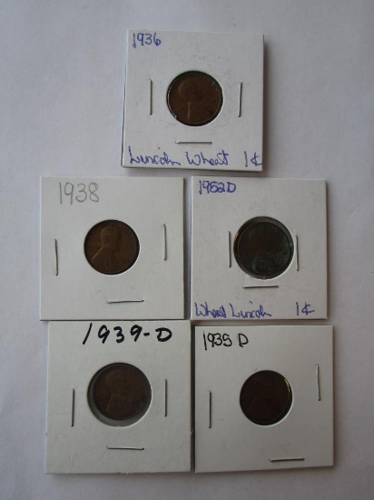 5 Wheat Pennies 1935D, 1936, 1938,1939D & 1952D