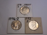 Lot of 3 JFK Half Dollars 1976S,1996D,1992D
