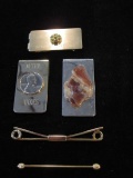 Lot of 3 Money Clips and 2 Collar Pins