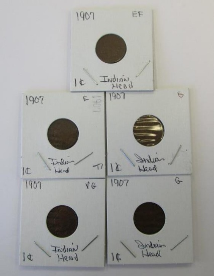 Lot of 5 1907 Indian Head Pennies