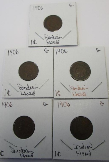 Lot of 5 1906 Indian Head Pennies