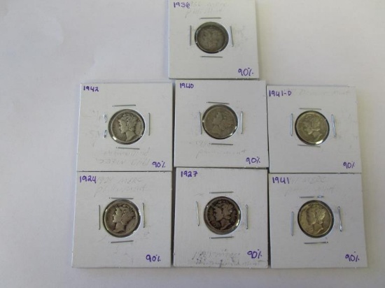 Lot of 7 Silver Mercury Dimes 1958,1942,1940,1941D