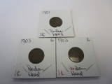Lot of 3 Indian Head Pennies 2 1903's & 1 1901