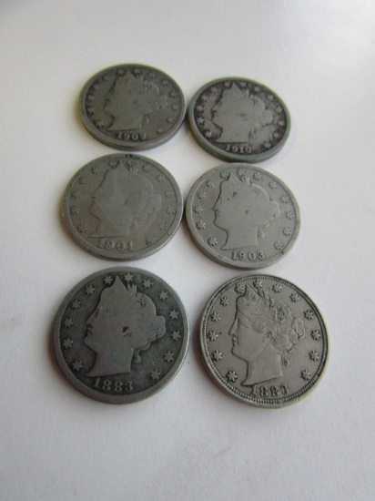 Lot of 6 "V" Liberty Nickels 1903,1883,1883,1901,