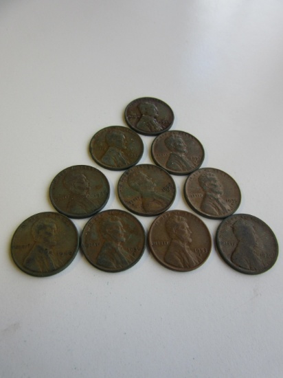 Lot of 10 Pennies 1945,1940,1920,1948,1953D,1956D