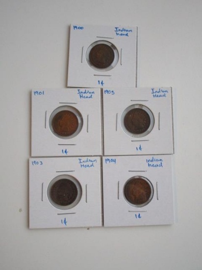 Lot of 5 Indian Head Pennies 1900,1903,1901,1903,