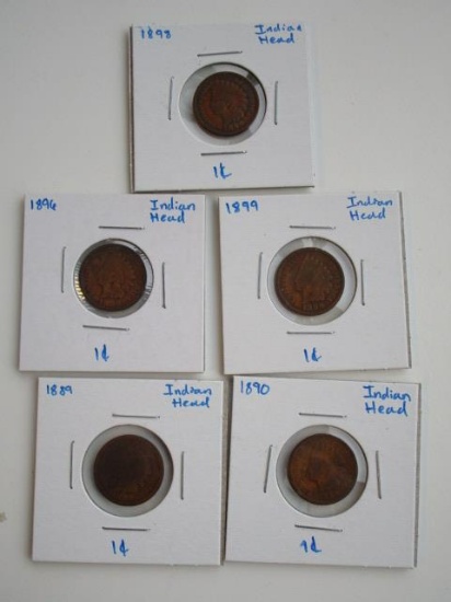 Lot of 5 Indian Head Pennies 1898,1899,1896,1889,