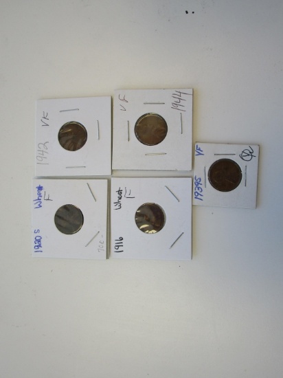 Lot of 5 Lincoln Wheat Pennies 1939-S, 1916,1920-S