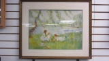 Playing by the Pond Framed Watercolor