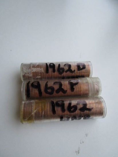 Lot of 3 (UC) Rolls of Pennies 1962D,1962P, & 1962